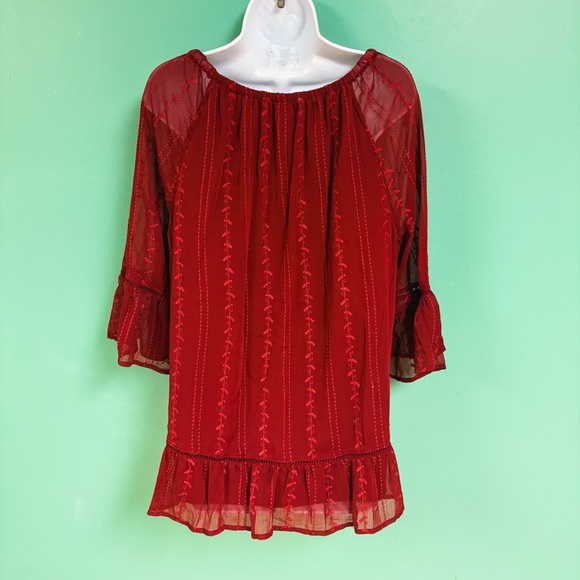 Fever Red Sheer Quarter Ruffle Sleeve Boho Blouse Womens Size 1X - Picture 7 of 9